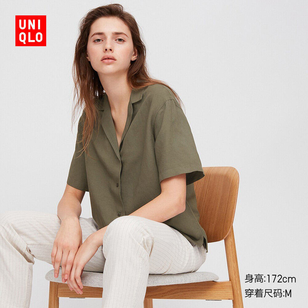 女装麻混纺开领上衣短袖复古衫425468优衣库uniqlo