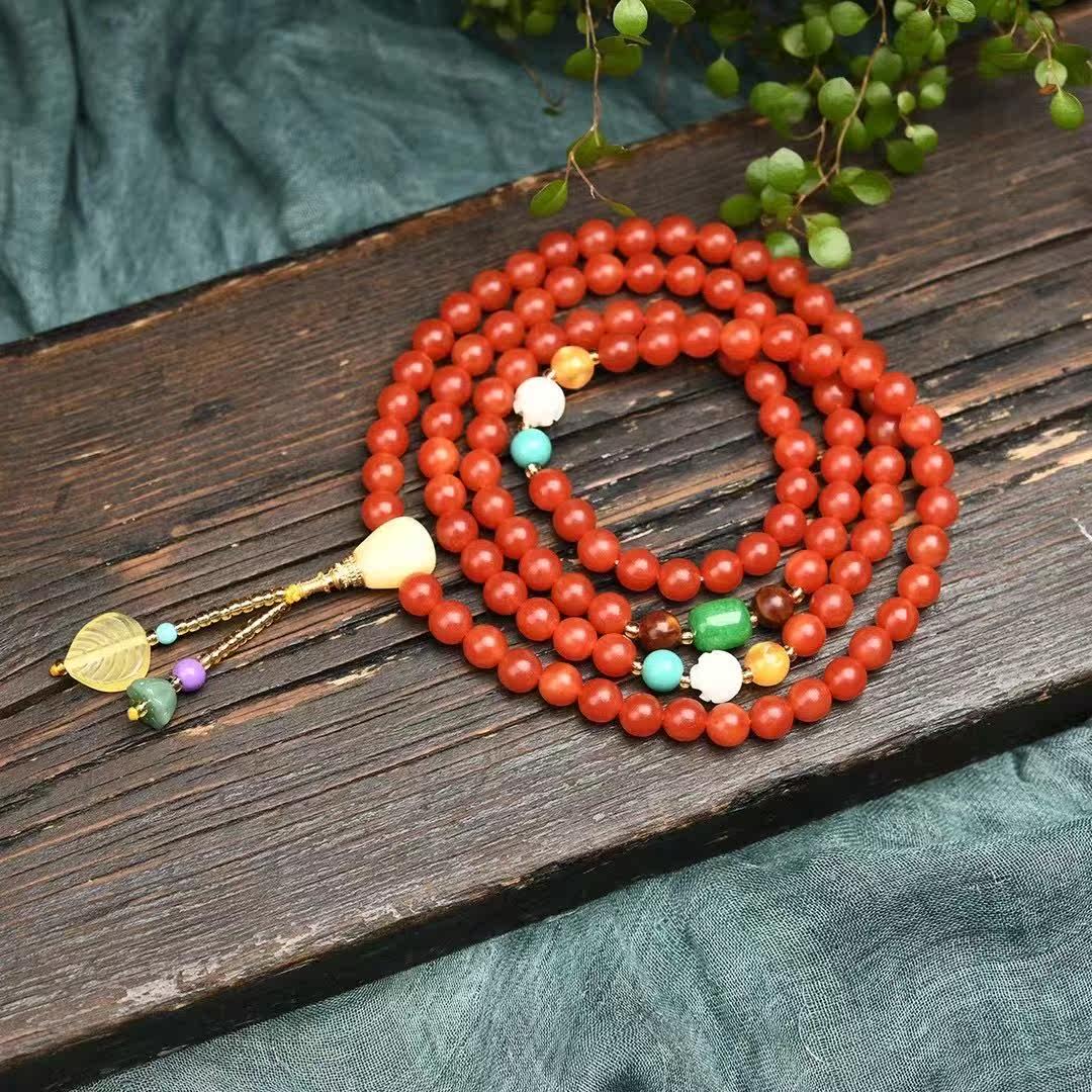 老红蜡圆珠108颗手串!搭配柳柳菩提根,尺寸8mm重量48克