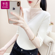 Lace thin knitted sweater ice silk T-shirt 2022 early autumn new womens tops all-match short-sleeved bottoming shirts trend