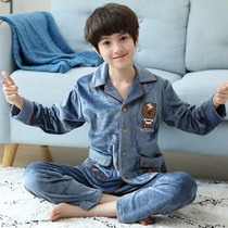 Coral velvet childrens pajamas winter thickened plus velvet boy middle child autumn and winter boy flannel home clothing