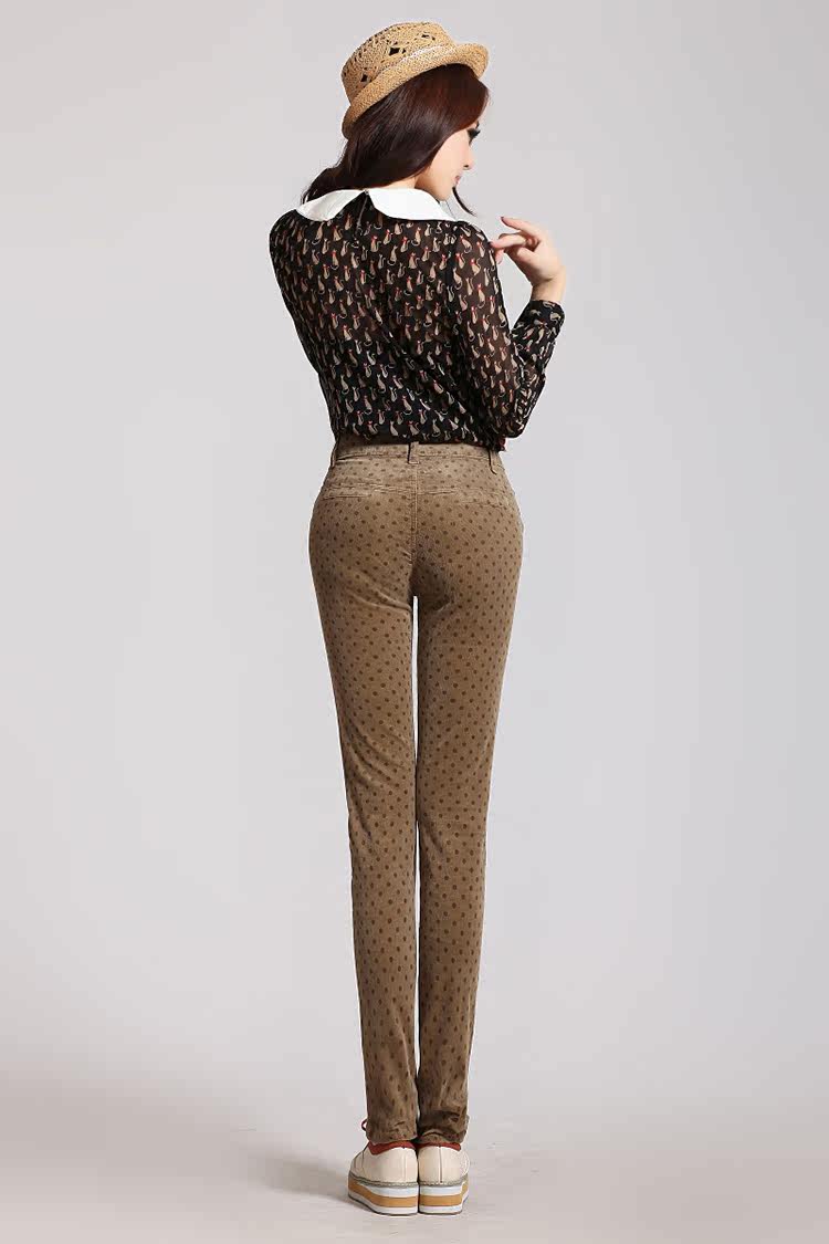 101#新款大码女装休闲女裤弹力高腰波点灯芯绒条绒小脚铅笔裤女