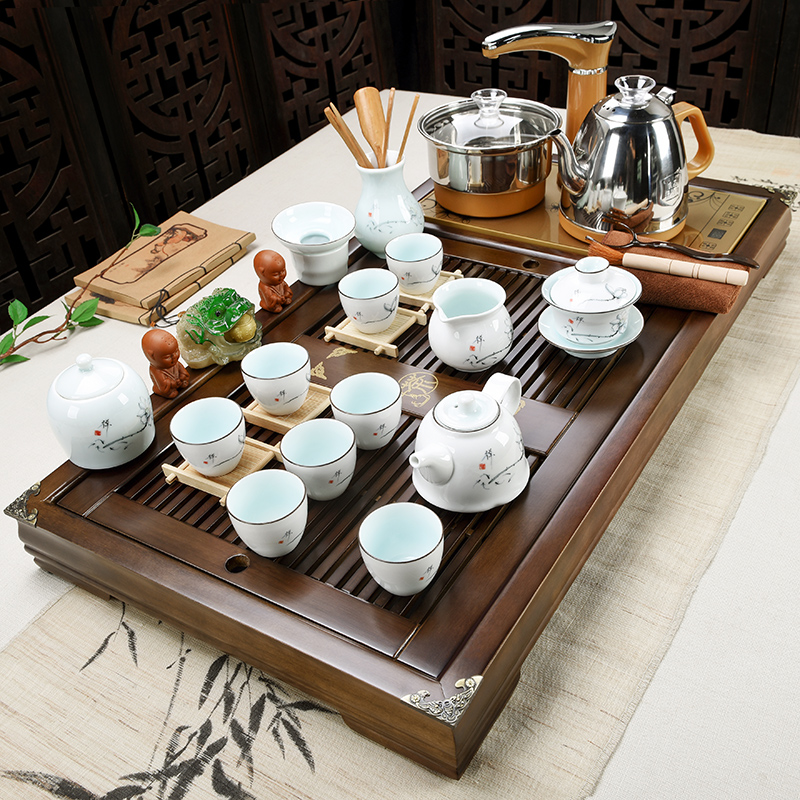 Violet arenaceous kung fu tea set household porcelain god solid wood tea tray machine automatic four one tea sea teapot teacup