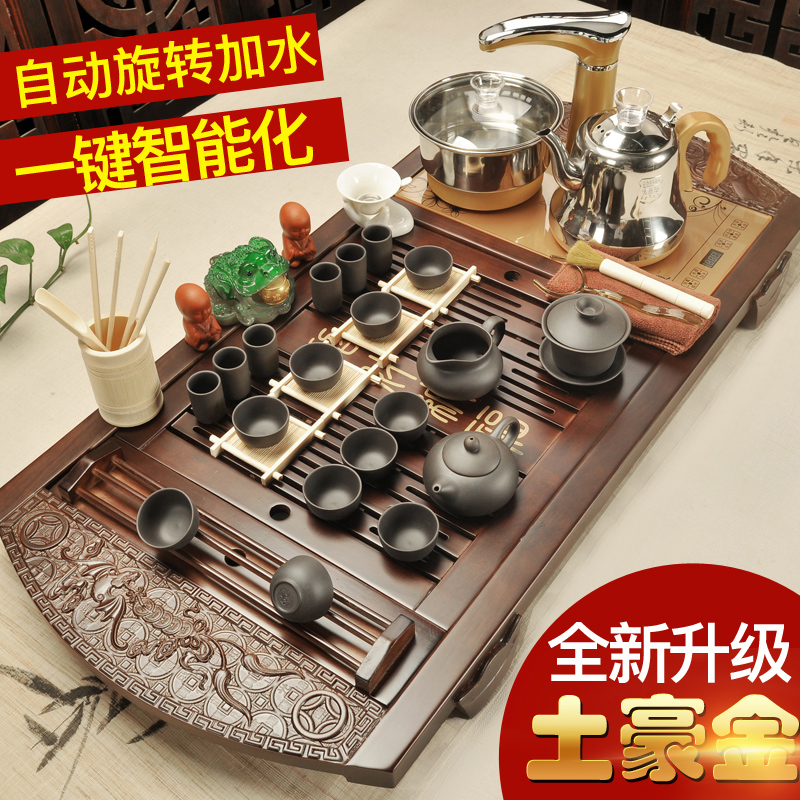 Porcelain automatic violet arenaceous four unity god tea set of household solid wood tea tray was kung fu of a complete set of tea cups of tea