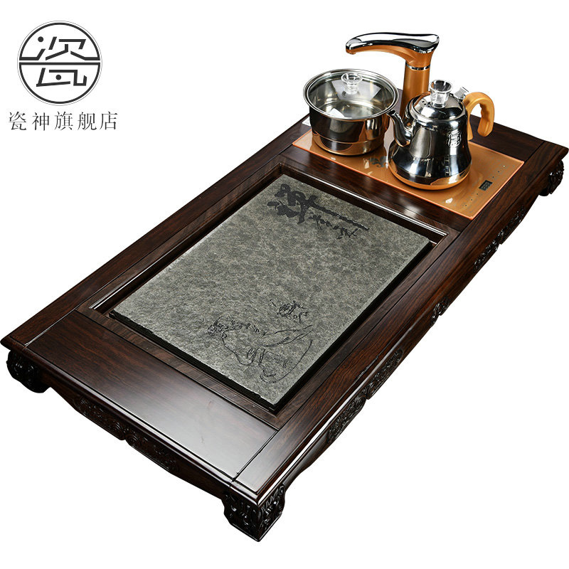 Porcelain god fully automatic induction cooker, black stone, kung fu tea tea ebony sharply stone tea tray was solid wood tea table