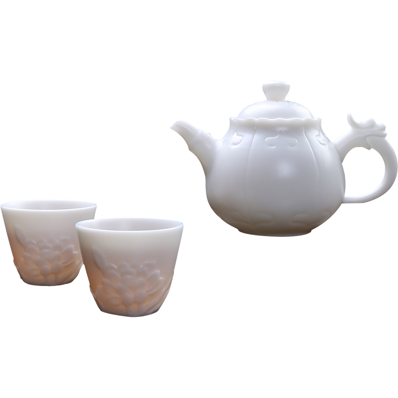 Suet white marble white porcelain porcelain god a kung fu tea set unglazed pot two dehua ceramic teapot teacup