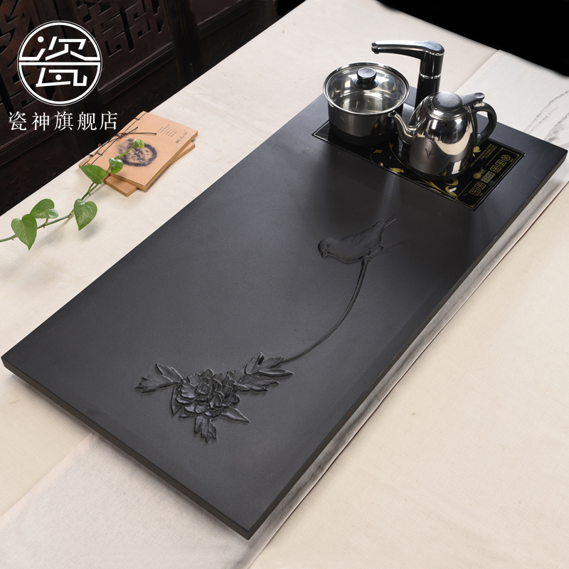 Porcelain god full plate stone sharply induction cooker four unity tea tray was large, black sea tea machine carved stone tea saucer