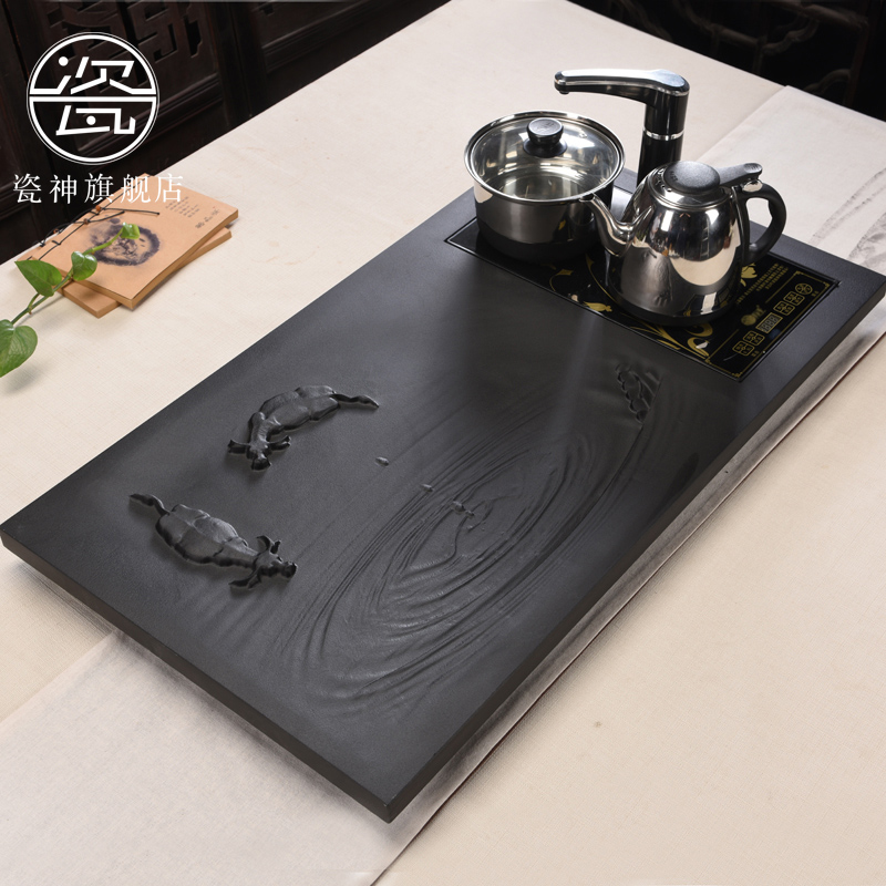 Porcelain god full plate stone sharply induction cooker four unity tea tray was large, black sea tea machine carved stone tea saucer