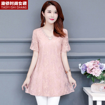 2022 Summer Dress New Big Code Lace Snowspun Jersey Woman Short Sleeve Loose Cover Belly long and fat mm blouse