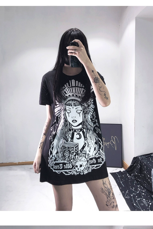 Phong cách tối của phụ nữ phong cách mát mẻ mát mẻ phong cách punk váy áo thun dài tay ngắn mùa hè mát mẻ hợp thời trang phong cách tối của phụ nữ - váy đầm