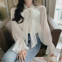 Temperament Bow Tie Lacing Horn Cuff Shirt Woman Summer New Loose Slim Fit Slim 100 Hitch Snowspun Blouse