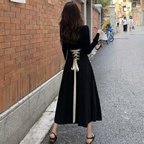 Fashion Sweat Clavicle Slim Pleated Lace Sleeve Knit Top Vintage Strap A- line dress Two Pieces Women