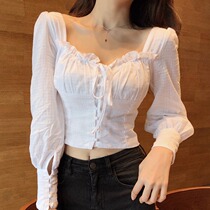 Autumn New Sexy Square Collar Clavicle Bubble Sleeve Top Women Nauvel Short Strap Solid Color Wooden Ear Blouse