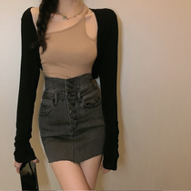 Spring new design sensation 100 lap harness pure color long sleeve jacket High waist elastic denim short skirt Three sets of women