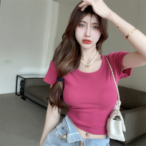 Sexy Hot Girl Round Collar Pure color short T-shirt Summer temperament Sthin 100 hitch set head hit undershirt female tide