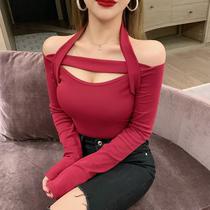 Sexy hanging neck straight shoulder long sleeve T-shirt spring 2022 new body slimmer design sensation short blouses woman wave