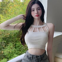Sexy Hot Girl Hollowed-out Back Knit Harness Vest Summer Temperament Swore Outside Wearing Bottom Blouses Female Tide