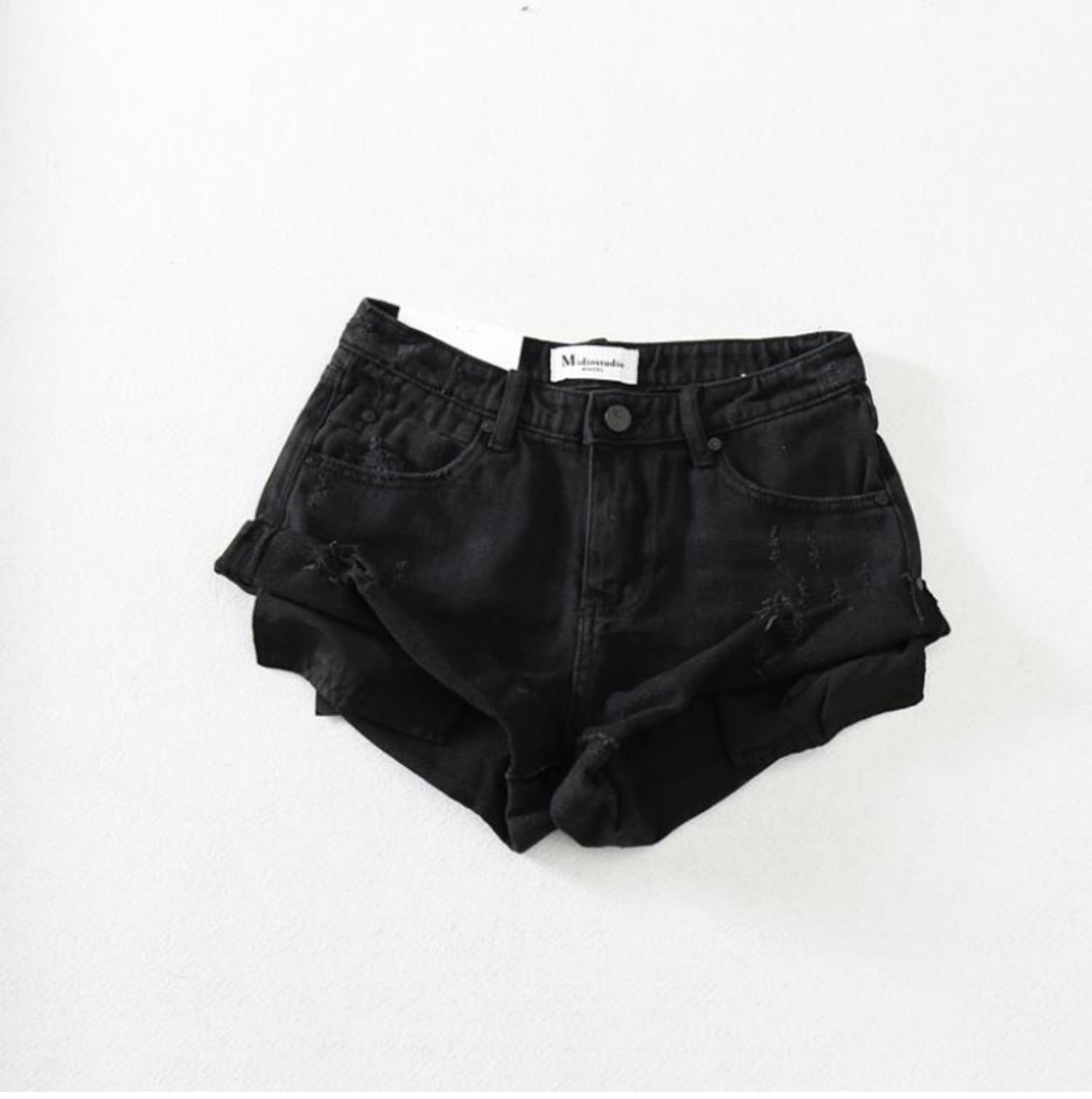 大长腿高腰牛仔短裤女外贸复古显瘦破洞卷翻边露口袋辣妹黑色热裤