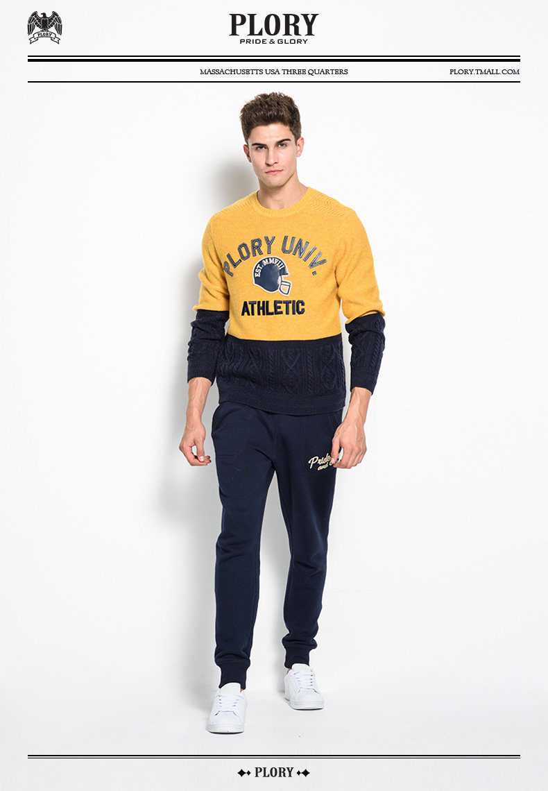 plory官方旗舰店秋冬季保暖拼接字母套头男士针织衫pokw68t004