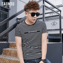 Striped T-shirt mens short sleeve trend Summer Boys black and white clothes half sleeve round neck slim body slim body shirt sea soul shirt