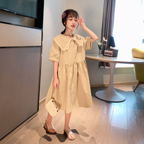 Girls dress 2021 summer new Korean version of the childrens foreign style doll collar skirt childrens cotton grid dress
