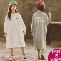 Girls long sleeve dress spring Korean version of children lantern sleeve letter printing cotton medium child 2021 autumn childrens clothing