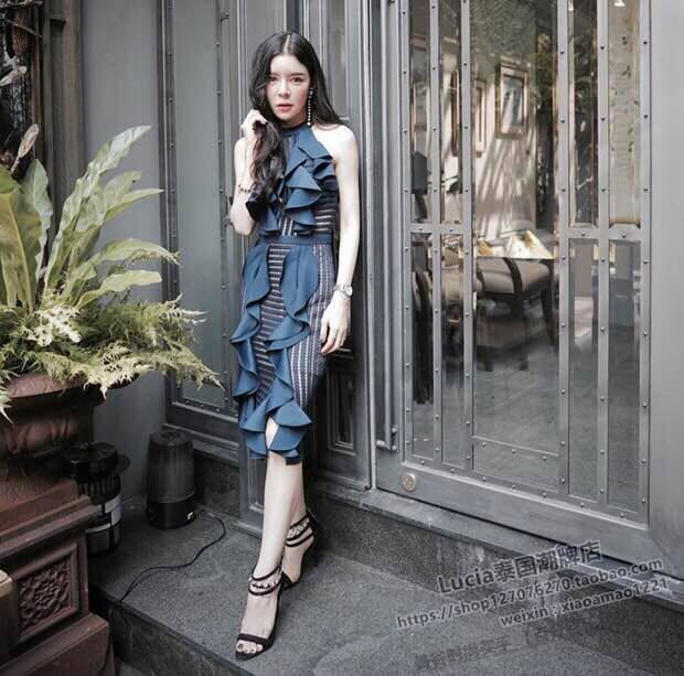 泰国潮牌2017新款春名媛荷叶边小礼服连衣裙