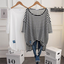 Ice wire thin 300 pounds loose stripes in long knitted sunscreen woman summer lazy wind short sleeve t shirt
