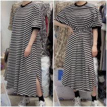 Pregnant woman short sleeve one-piece dress Summer new long dress Ice Knit Skirt Big Code Loose Net Red cashew Waist Striped Dress