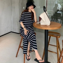 Dress large summer dress new 200 kg knit short sleeve ice wire lazy wind long striped skirt tide