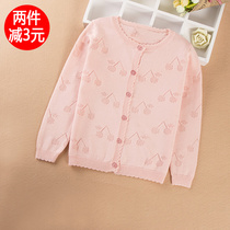 Middle and children knit cardiovert hollowed-out thin air conditioning shirt child pure cotton jacket female baby spring autumn and evening blouse