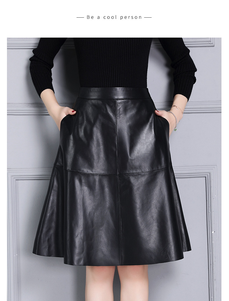 新款真皮皮裙过膝裙女秋冬真皮半身裙高腰真皮百褶皮裙