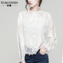 Silk smooth white shirt women's small shirt new foreign-style heavy industrial lace embroidered hollow mulberry silk top