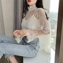 White lace beating undershirt woman long sleeves Nets mesh veil very fairys blouses for blouses Super-fairy air large code transparent hollowed-out