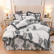 Thickened cotton bed skirt milk velvet four-piece double-sided flannel winter coral velvet warm quilt cover bedding