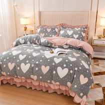 Bed cover thickened quilted warm bed cover milk fleece bed skirt quilt cover four-piece crystal flannel bedding