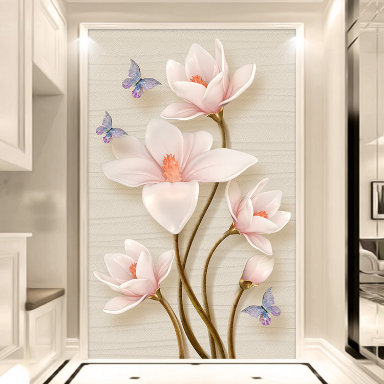 简欧玄关装饰画竖版过道简约现代立体花卉走廊挂画画芯5d晶雕壁画_7折