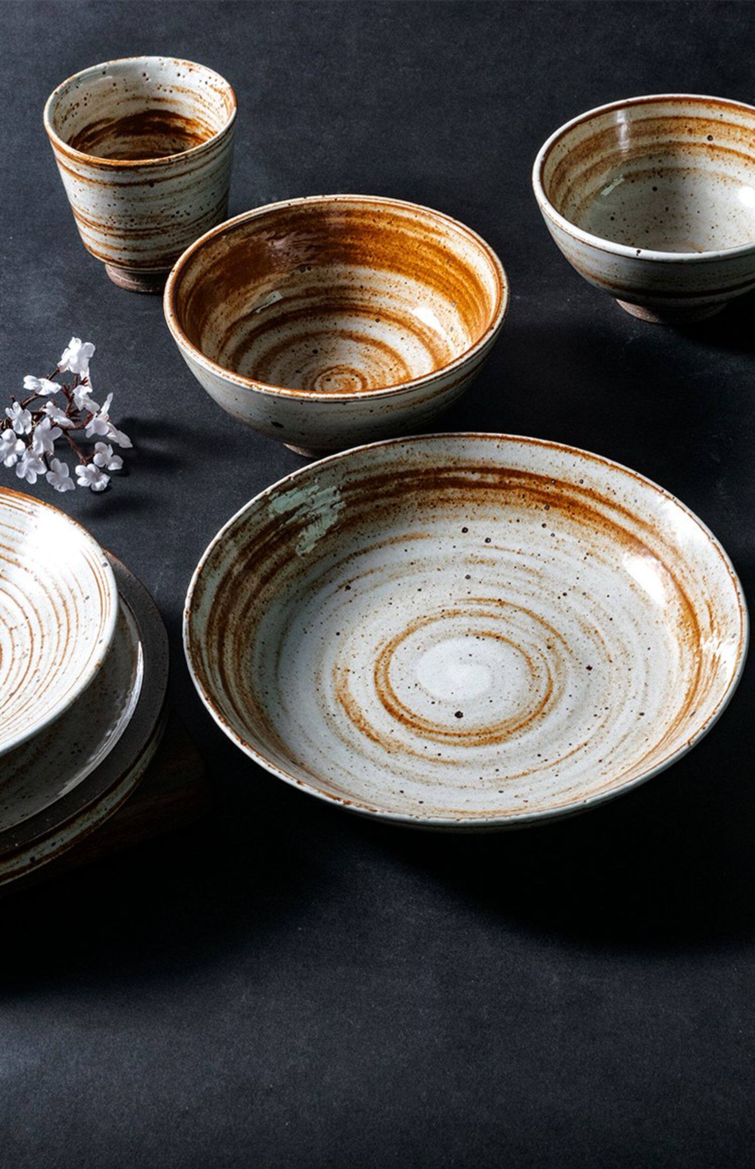 日式手工粗陶餐具套装复古陶瓷盘子平盘碟子家用米饭碗面碗汤碗