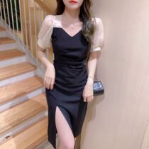 French Chiffon dress womens 2021 new summer split small black dress waist thin temperament fairy skirt