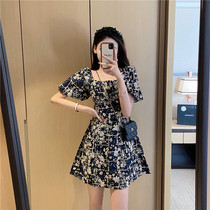 French vintage floral dress womens 2021 new summer design sense niche temperament thin bubble sleeve skirt