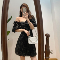 2021 new womens summer French first love sweet dress gentle storm point square collar bubble sleeves small black dress
