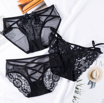 4-dress sexy black underwear women lace transparent low waist hollow hollow thin seamless cotton crotch large size female breifs