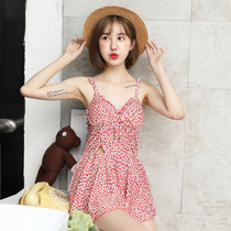 Swimsuit female Conservative hot spring skirt type one-piece cover belly swimsuit flat corner steel ring small chest gather thin student swimsuit