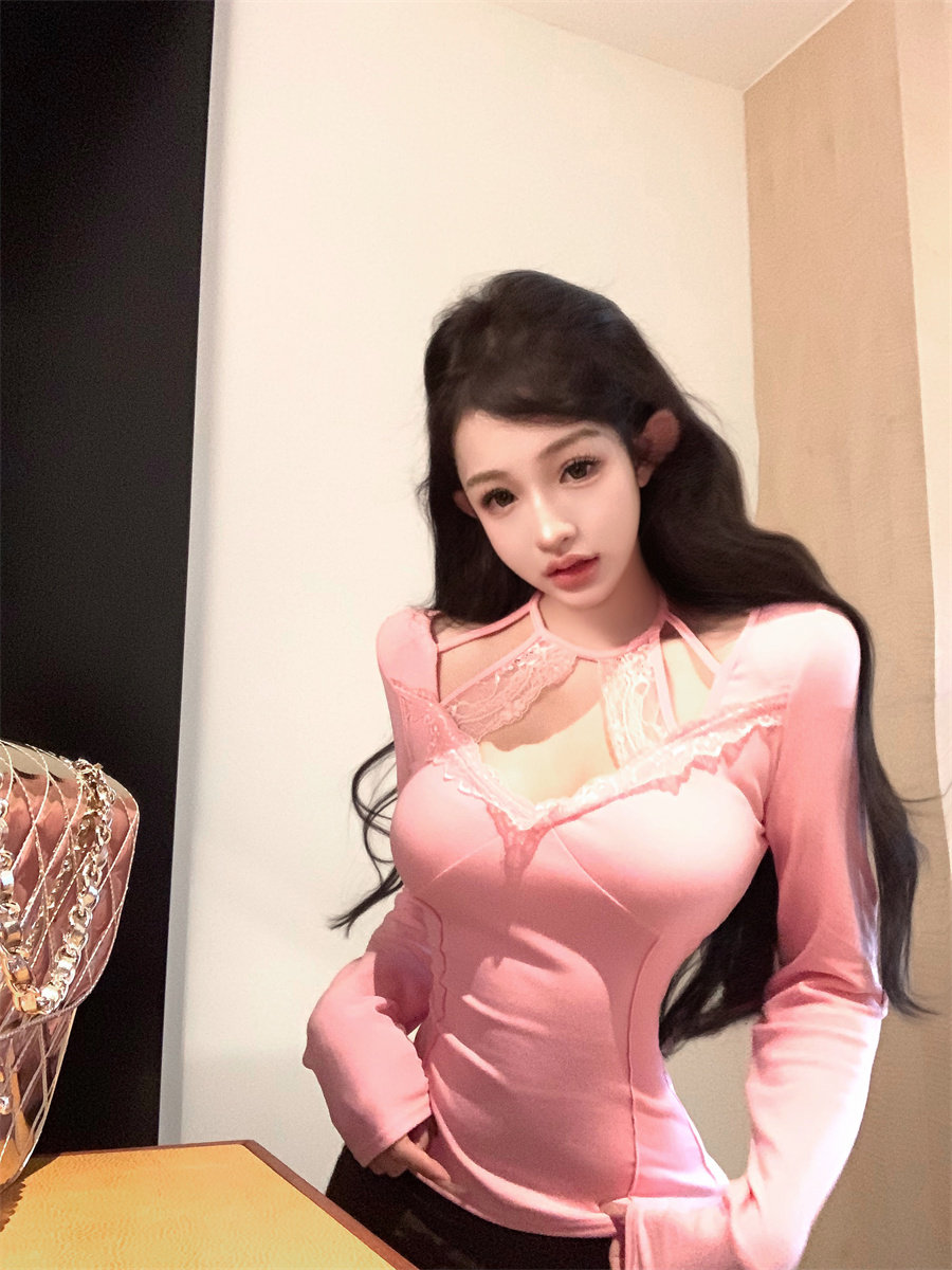 女主播服装可爱娇甜超欲显胸大蕾丝拼接挂脖长袖t恤性感打底上衣