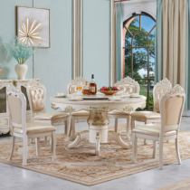 Marble dining table and chair combination with turntable solid wood European living room simple small household round furniture set