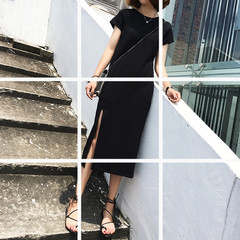 气质小黑裙女韩版修身显瘦中长款侧开叉短袖连衣裙打底裙