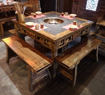 Antique carved solid wood hot pot table and chair combination cabinet marble hot pot table and chair induction cooker gas stove hot pot table