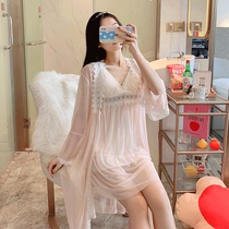 Hanfu Nightdress Womens Spring and Autumn Summer Thin Long Sleeve Lace Mesh Modal Ancient Style National Style Pajamas Home Clothes