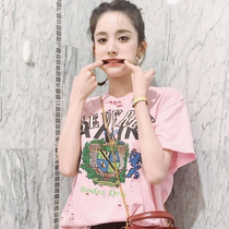 European station 2021 summer new gulinaza with the same pink short top female cartoon print perforated short sleeve