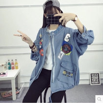 Hong Kong womens clothing 2021 spring new Korean version of the college style printed denim jacket large size casual denim top tide