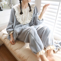 Pajamas female autumn and winter velvet style plus velvet French thickened coral sheep woolen Spring and Autumn long sleeve court princess style home clothes